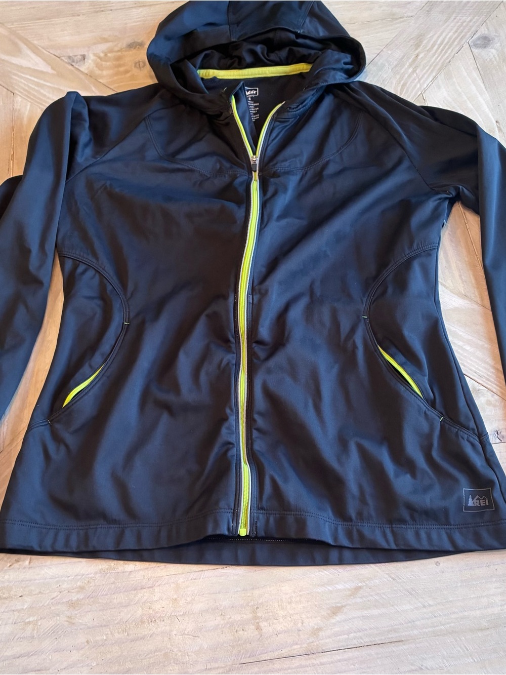 REI Women's Black Hooded Softshell Jacket with Yellow Accents